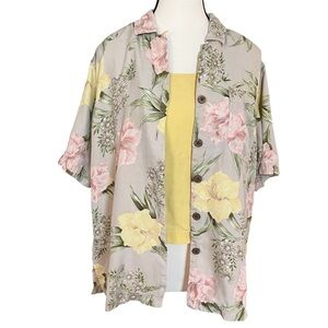 Kylani Bay Silk 2-piece Hawaiian Shirt Button Down & Tank Floral Womens Size M